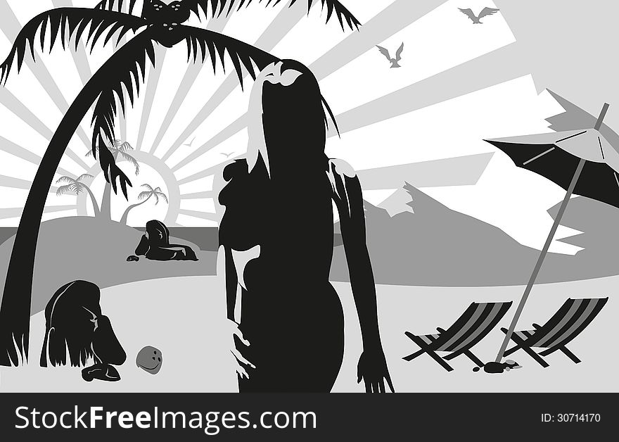 Silhouette Of A Woman On The Beach Under A Palm Tr