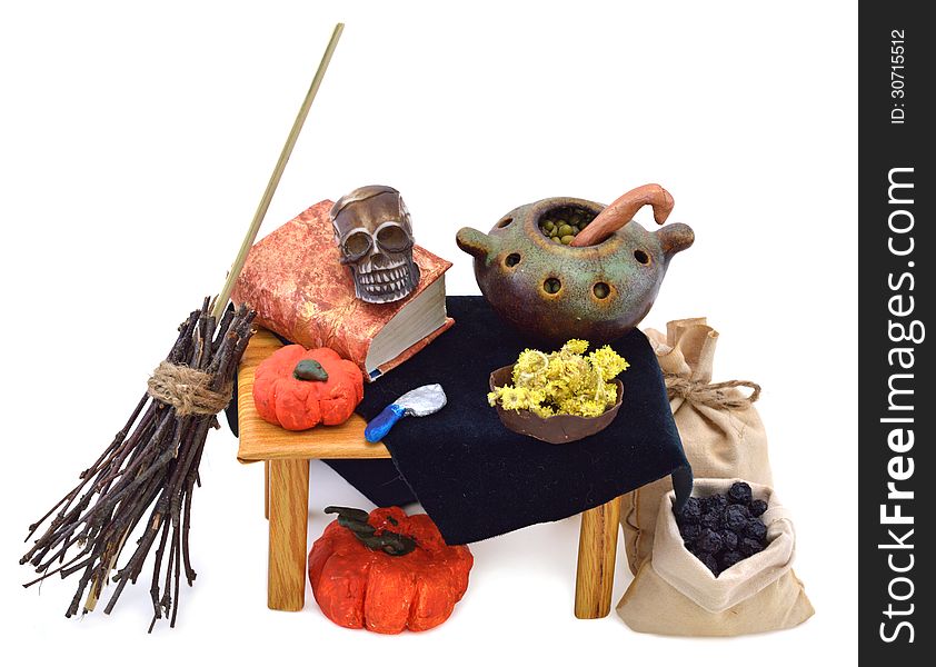 Composition of witch table with magic objects on it isolated. Composition of witch table with magic objects on it isolated