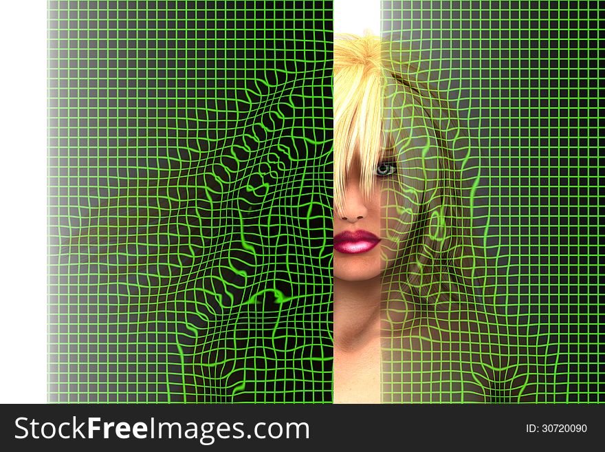 High-tech face technology background with coded grid on 3d woman's face.
