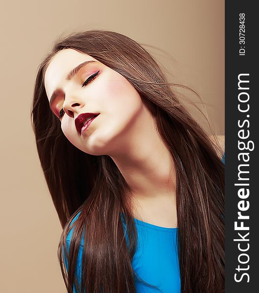 Dreaminess. Portrait Of Sensual Dreaming Brunette With Straight Brown Hair