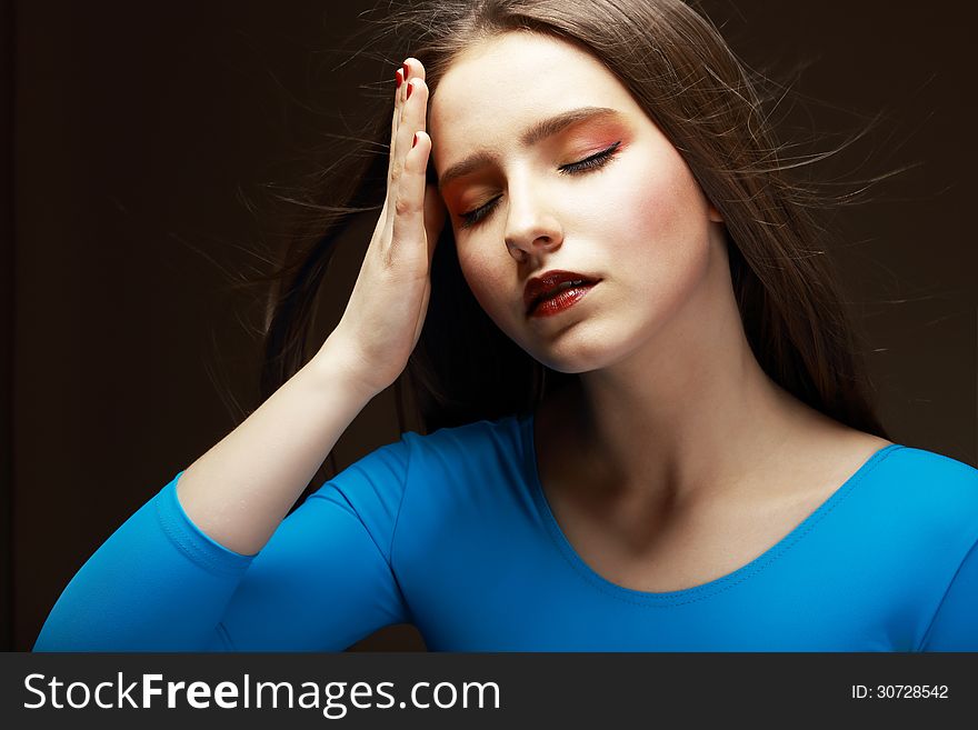 Woman Touching her Forehead. Stress. Woman Touching her Forehead. Stress