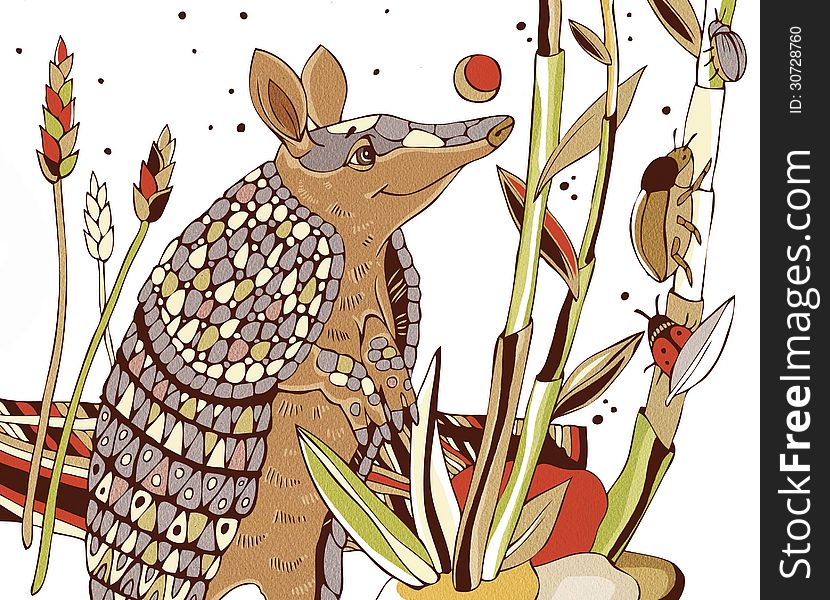 Decorative illustration that depicts an armadillo with cane