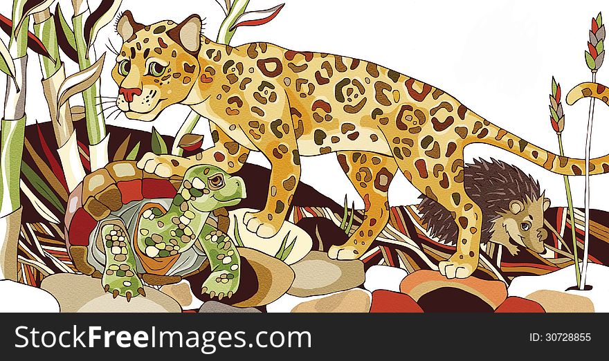 Decorative illustration that depicts leopard with hedgehog and tortoise