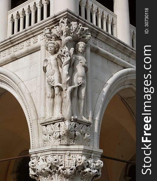 Venice - the Doge´s Palace with detail of decoration (Adam and Eve in the Eden)