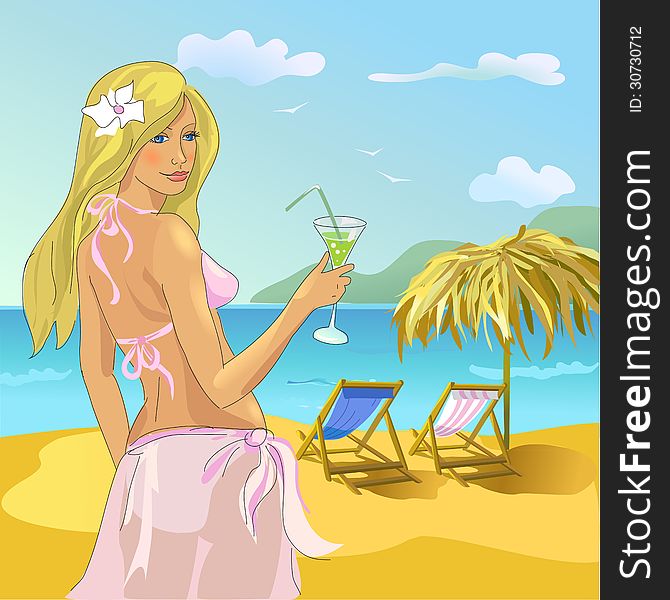 Illustration from a girl on the beach with a glass in his hand. Vector. Illustration from a girl on the beach with a glass in his hand. Vector
