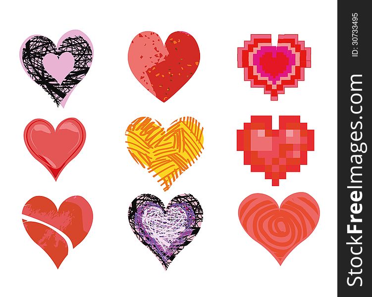 Set of nine stylized hearts