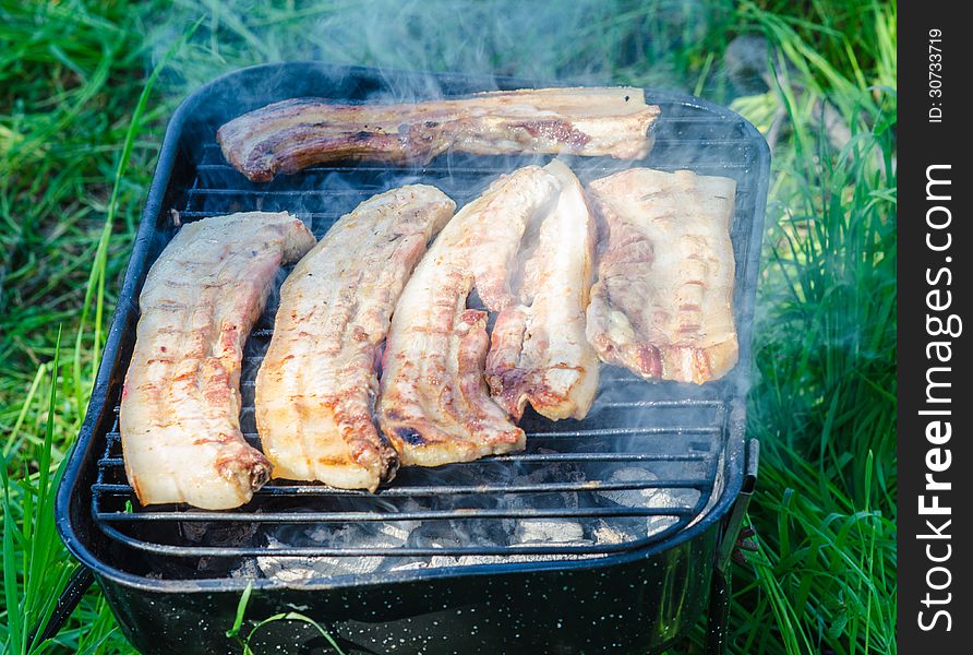 Beef meat on a barbecue in sunny day in the nature