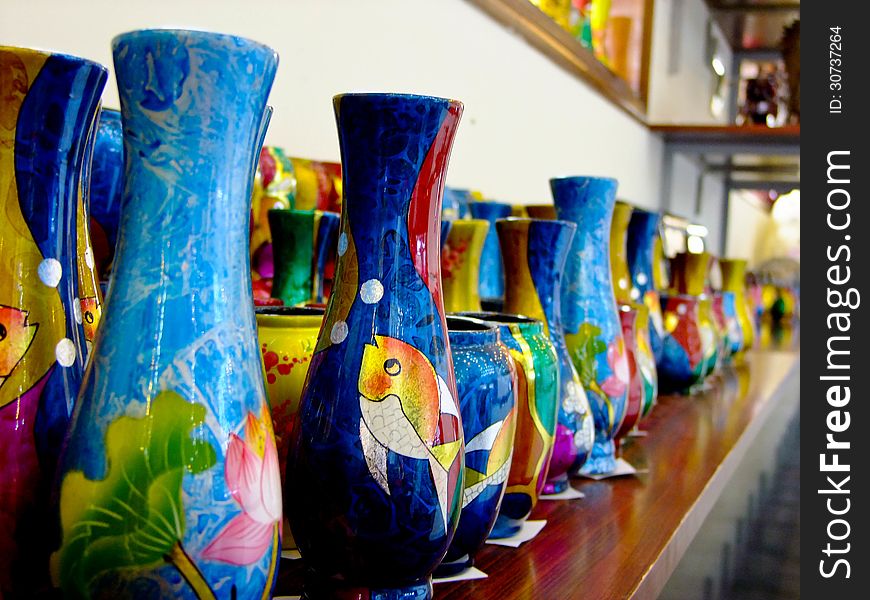 Colorful ceramic vases in Vietnam