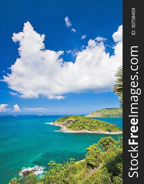 View of ocean and the blue sky with observation platform. View of ocean and the blue sky with observation platform