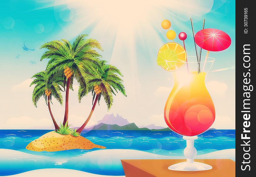 Glass of orange cocktail over tropical background with palms. Glass of orange cocktail over tropical background with palms.