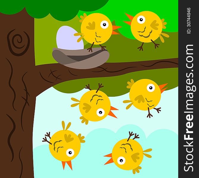 A cartoon illustration of baby birds trying to fly but falling. A cartoon illustration of baby birds trying to fly but falling