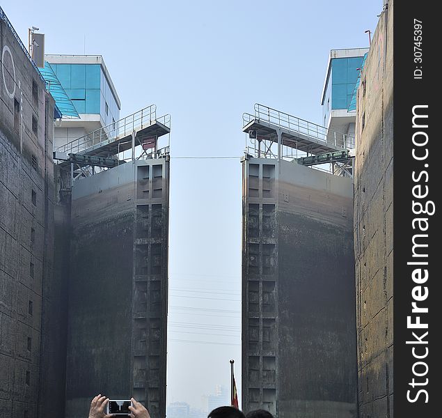 Lock Gezhou dam in Yangtze river in action. Lock Gezhou dam in Yangtze river in action