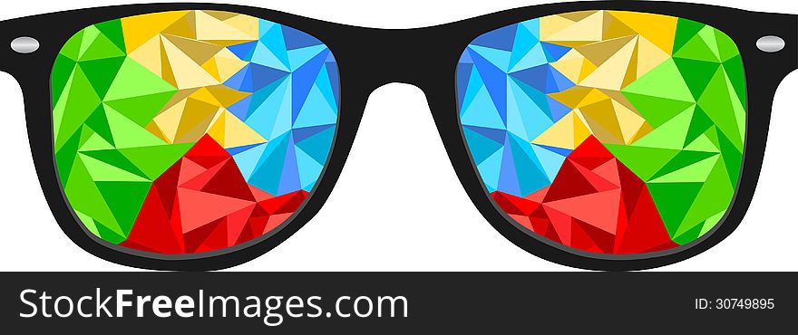 Illustration of nerdy glasses with colorful polygon lenses. Illustration of nerdy glasses with colorful polygon lenses
