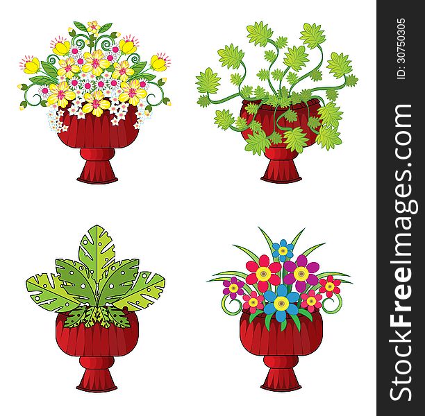 Set of vases with flowers and leaves.