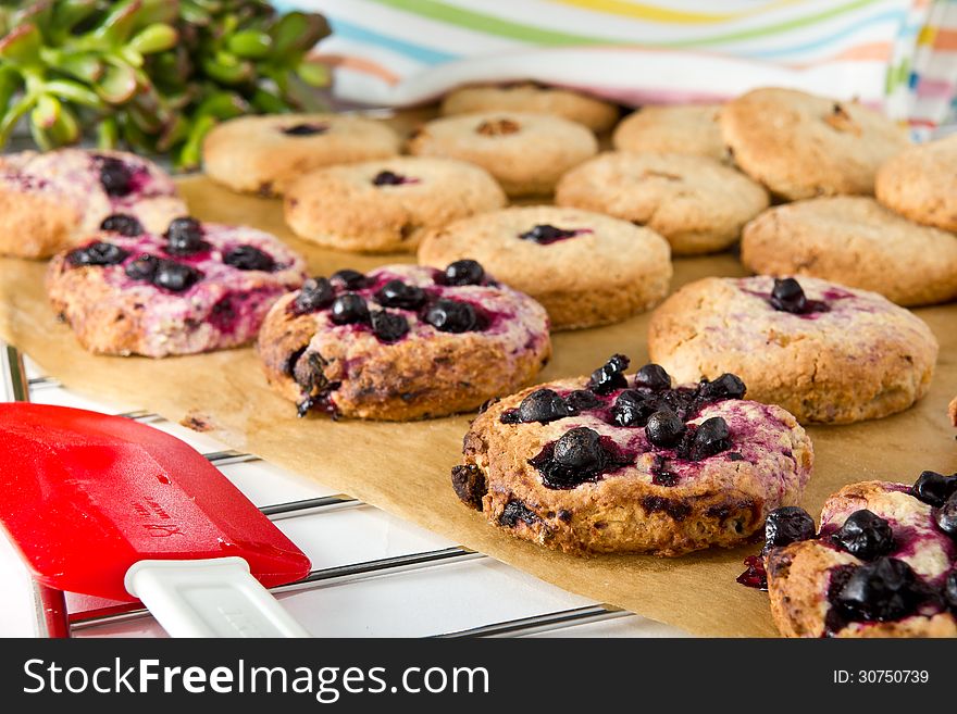 Homemade oatmeal cookies fresh out of the oven with blackberry