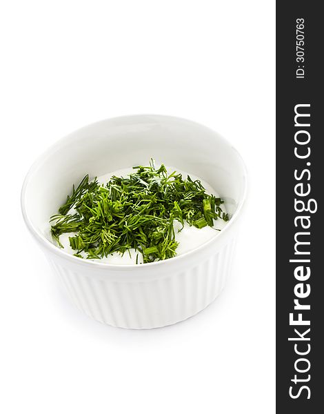 Sour Cream In Small Round Plate With Herbs