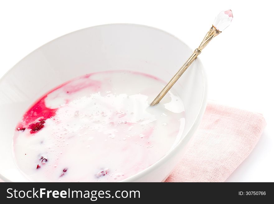 Fresh yogurt with  blackberry in a white bowl isolated