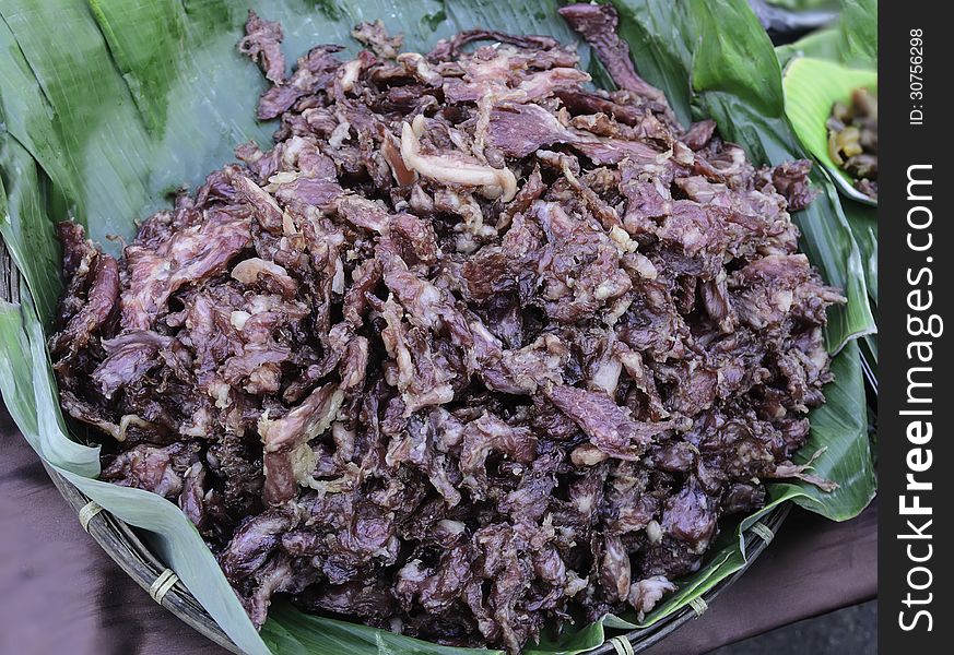 Dried pork on banana leaves