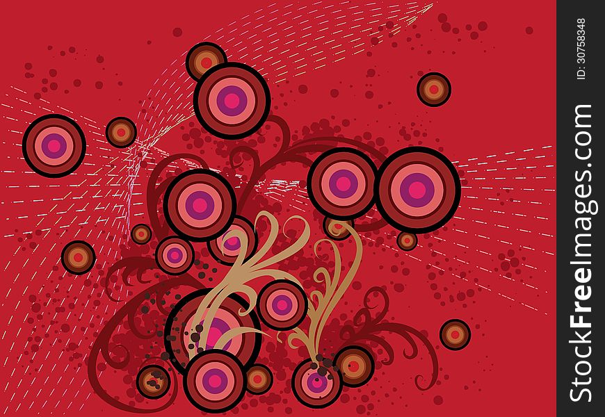 Abstract red background with floral, circles and lines. Abstract red background with floral, circles and lines.