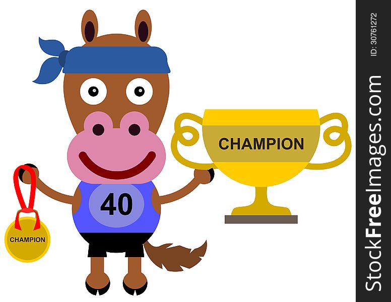 Illustration of a horse wearing a runner's uniform while holding a trophy and a medal. Illustration of a horse wearing a runner's uniform while holding a trophy and a medal