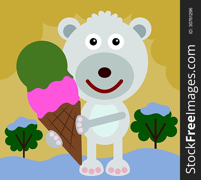 Illustration of a cute polar bear holding a huge ice cream. Illustration of a cute polar bear holding a huge ice cream