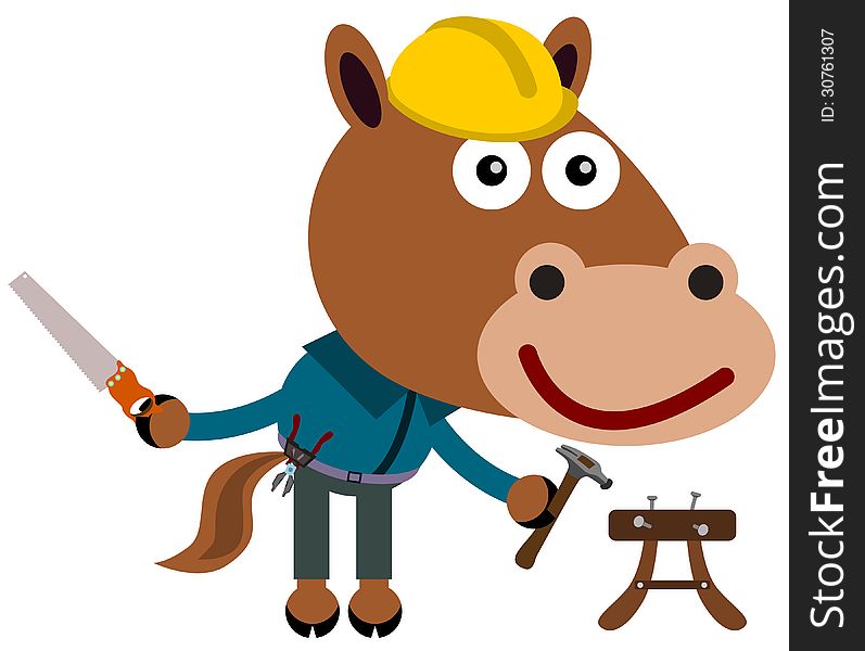 A funny illustration of a horse as a construction worker. A funny illustration of a horse as a construction worker