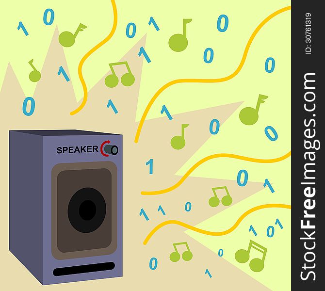 A cartoon illustration of a speaker with notes, ones, and zeros coming out. A cartoon illustration of a speaker with notes, ones, and zeros coming out