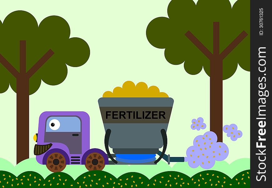 Illustration of a truck spreading fertilizer to the plants. Illustration of a truck spreading fertilizer to the plants