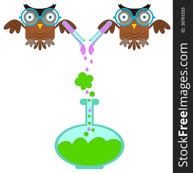 Illustration of two humorous owls flying and doing experiments. Illustration of two humorous owls flying and doing experiments