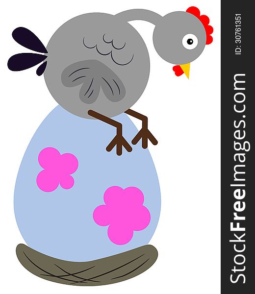 Illustration of a hen trying to hatch a huge weird egg. Illustration of a hen trying to hatch a huge weird egg