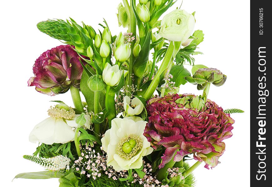 Fragment of colorful bouquet isolated on white background. Close