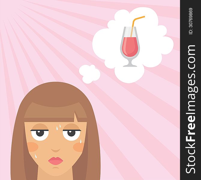 Vector illustration of young woman feeling hot and dreaming about cocktail. Vector illustration of young woman feeling hot and dreaming about cocktail