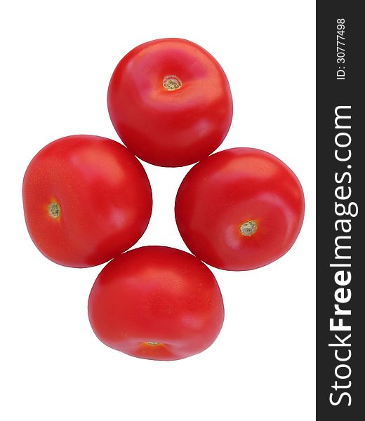 Four red tomatoes isolated which is placed a diamond. Four red tomatoes isolated which is placed a diamond.