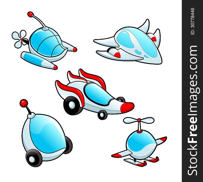 Funny spaceships. Cartoon and vector isolated objects.