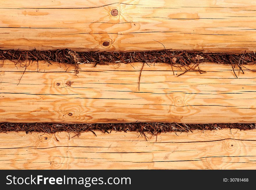 Wooden loggs wall background filled by moss in joints. Wooden loggs wall background filled by moss in joints