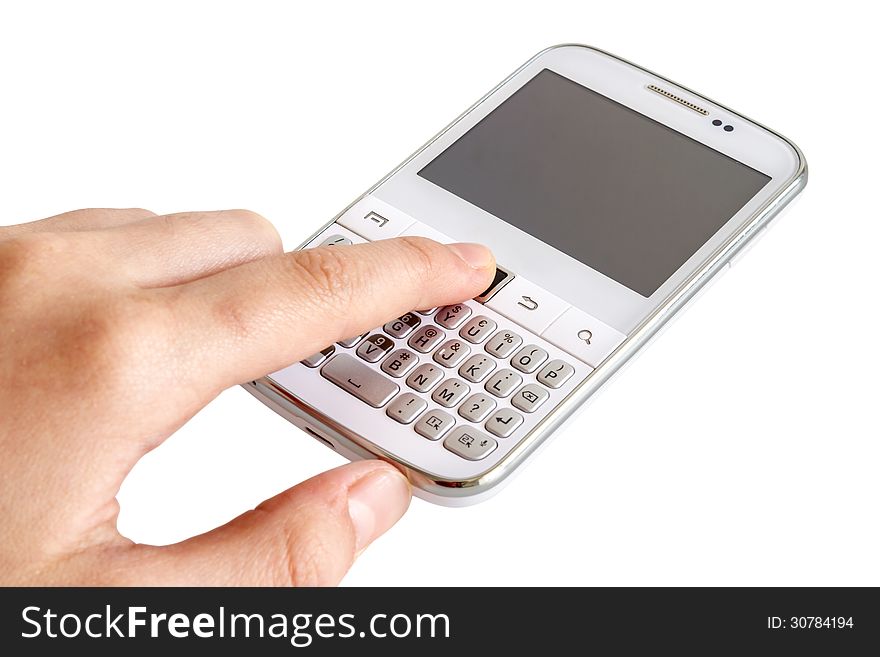 Hand touching white smart phone on white background