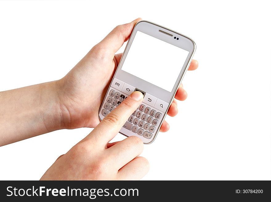 Hands holding white smart phone on white background