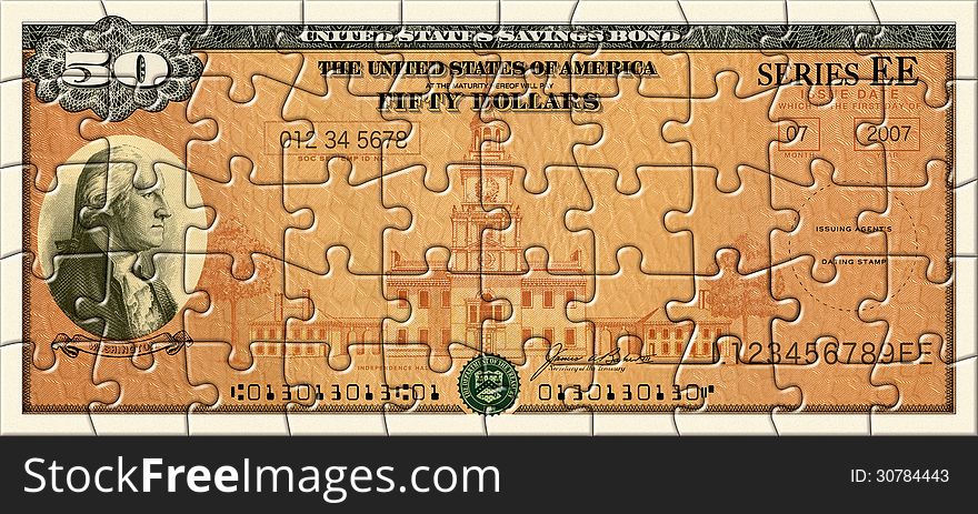 Photo Illustration of a U.S. Savings Bond retouched and re-illustrated as a 50 piece puzzle. Photo Illustration of a U.S. Savings Bond retouched and re-illustrated as a 50 piece puzzle.