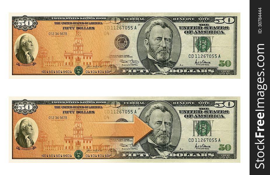 Photo Illustration of a U.S. Savings Bond and a 50 dollar bill composited together. Photo Illustration of a U.S. Savings Bond and a 50 dollar bill composited together.