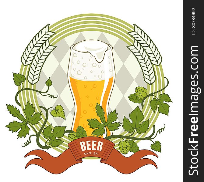 Beer label, vector illustration with glass of beer