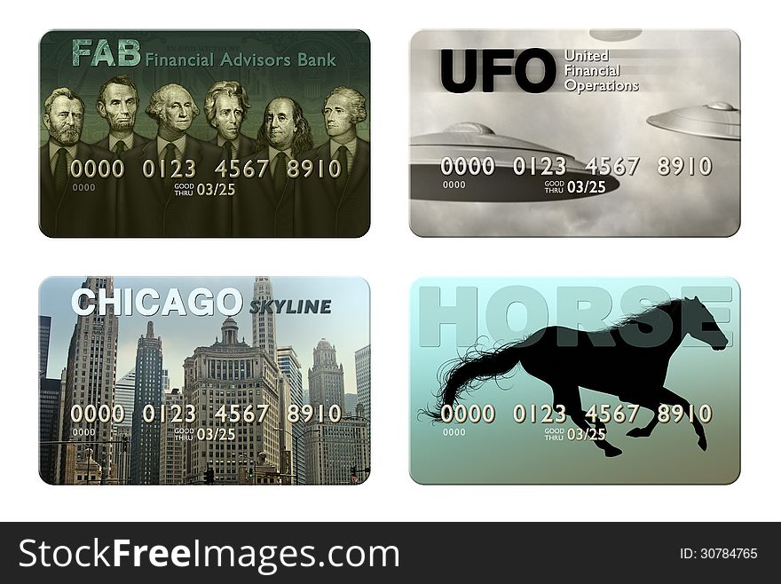 Photo illustration of four imaginary credit cards.