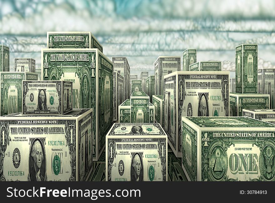 Photo-illustration of city made out of U.S. currency. Photo-illustration of city made out of U.S. currency.