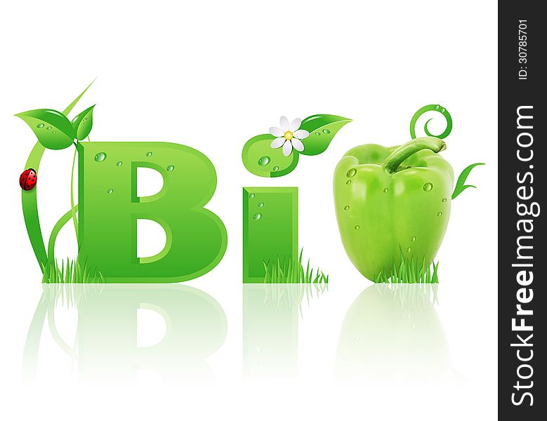 Word Bio ecological design, with floral elements and a green bell pepper instead of letter O