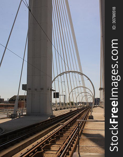Modern tramline crossing a bridge