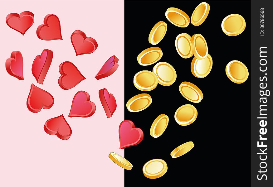 Hearts and coins on contrast background. Hearts and coins on contrast background