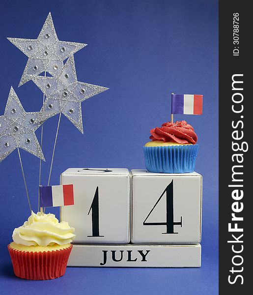 France National holiday calendar, 14 July, Fourteenth of July, Bastille Day, with flags , cakes and stars decorations. France National holiday calendar, 14 July, Fourteenth of July, Bastille Day, with flags , cakes and stars decorations.