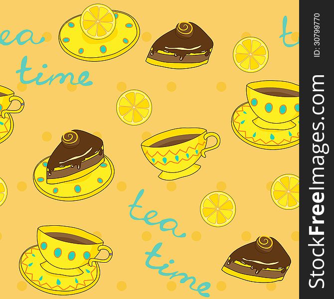 Vector seamless pattern with cups of tea