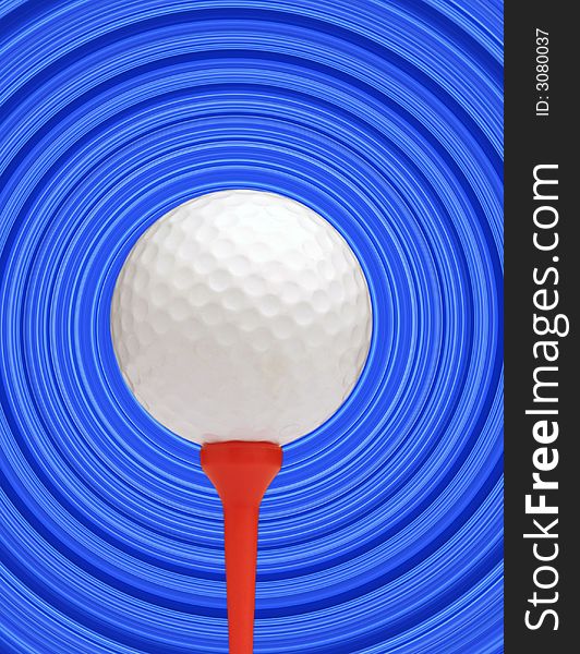 Golf ball on red tee with blue circle background. Golf ball on red tee with blue circle background
