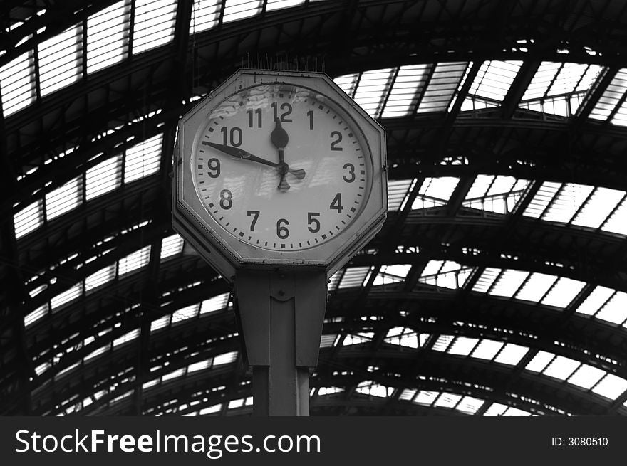 View of the clock on the train station. View of the clock on the train station