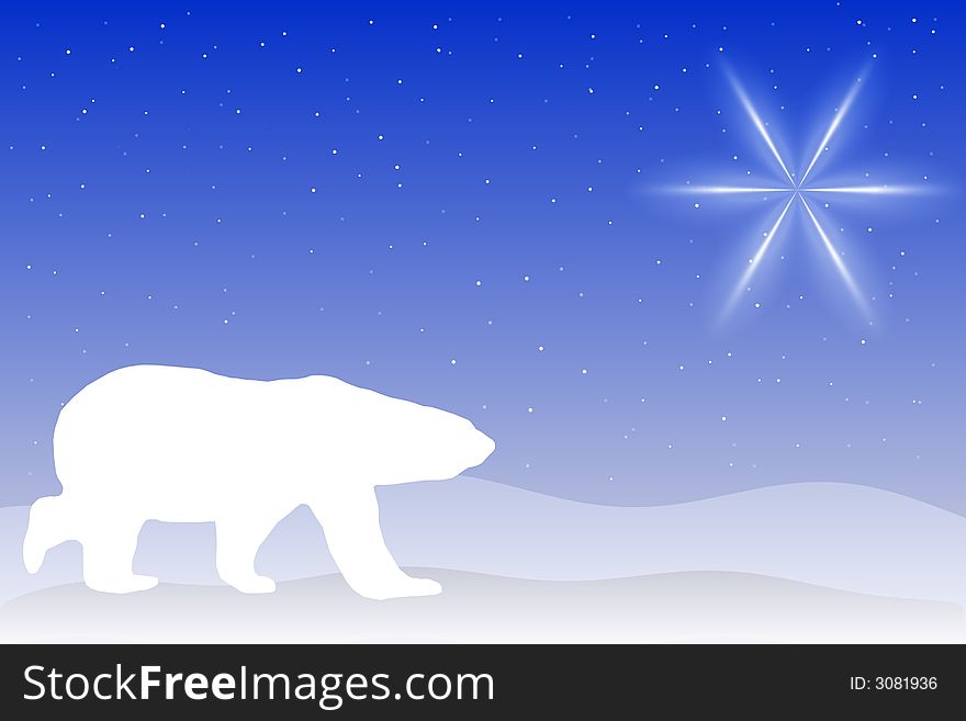 An illustration of a polar bear on a blue background with a star in the corner